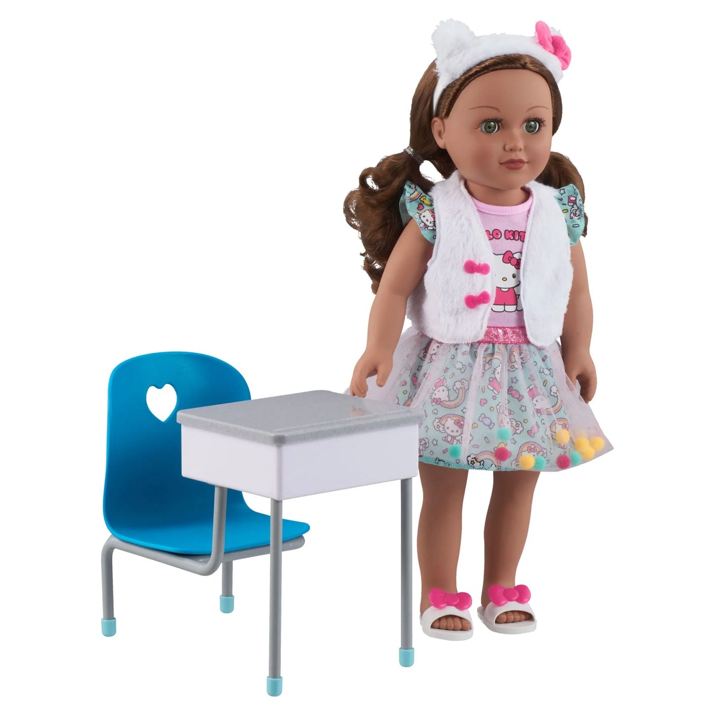 Plastic Student Desk with Blue Chair for 18 Inch Dolls Child 5+