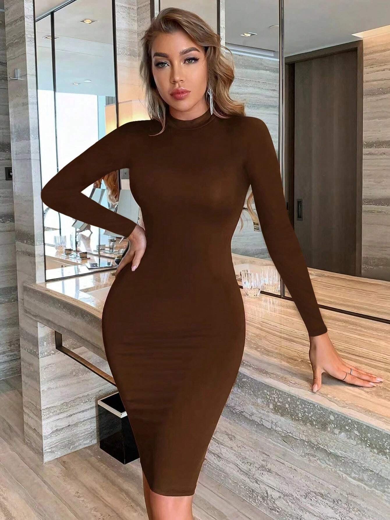 INAWLY SHEIN Ezwear Solid Scoop Neck Bodycon Dress