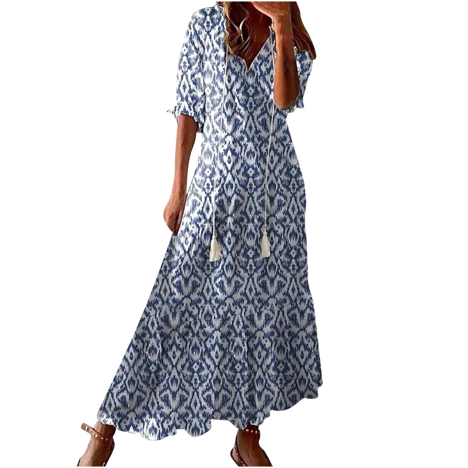 Chic Plus Size Sun Dresses for Women - Casual V-Neck Three-Quarter Sleeve Printed Beach Dress for Spring and Summer