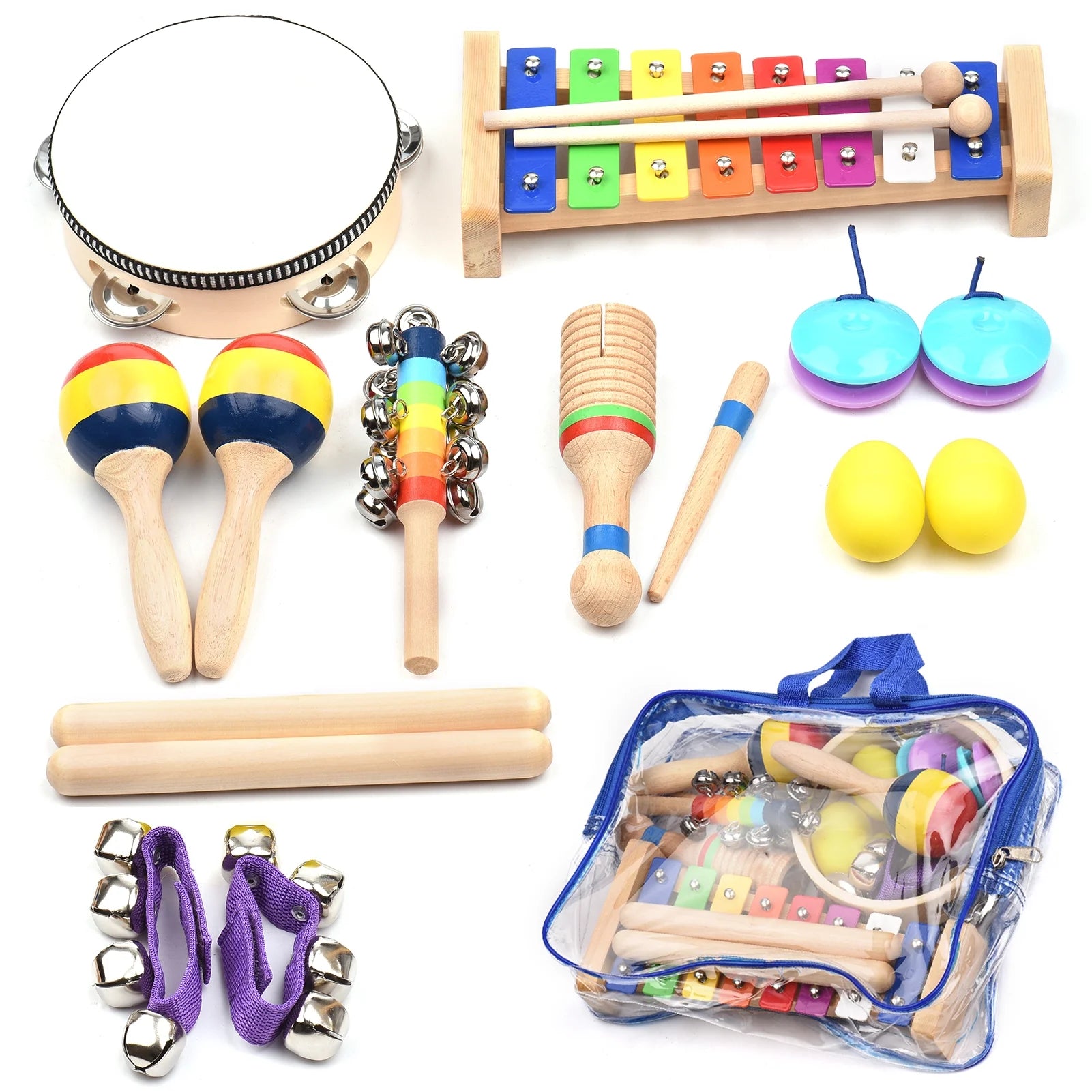 13 PCS Kids Musical Instruments Toys with Carry Bag Colorful Wooden Percussion Instruments Early Education Gifts for Toddlers Children Preschool Girls Boys
