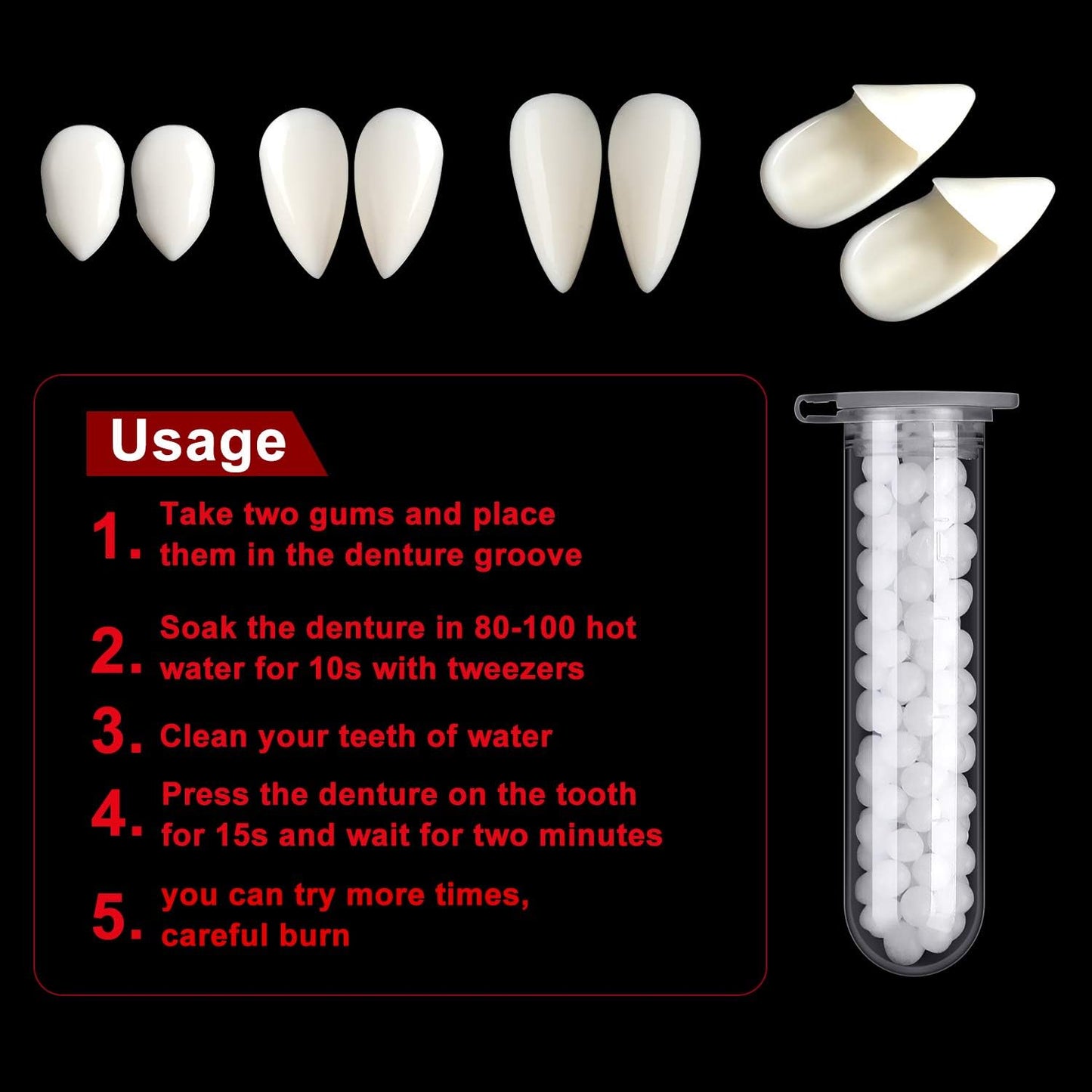 Vampire Teeth Fang Dentures - 24 Pairs with Adhesive for Ultimate Halloween Costume Party Accessory (13mm, 15mm, 17mm)