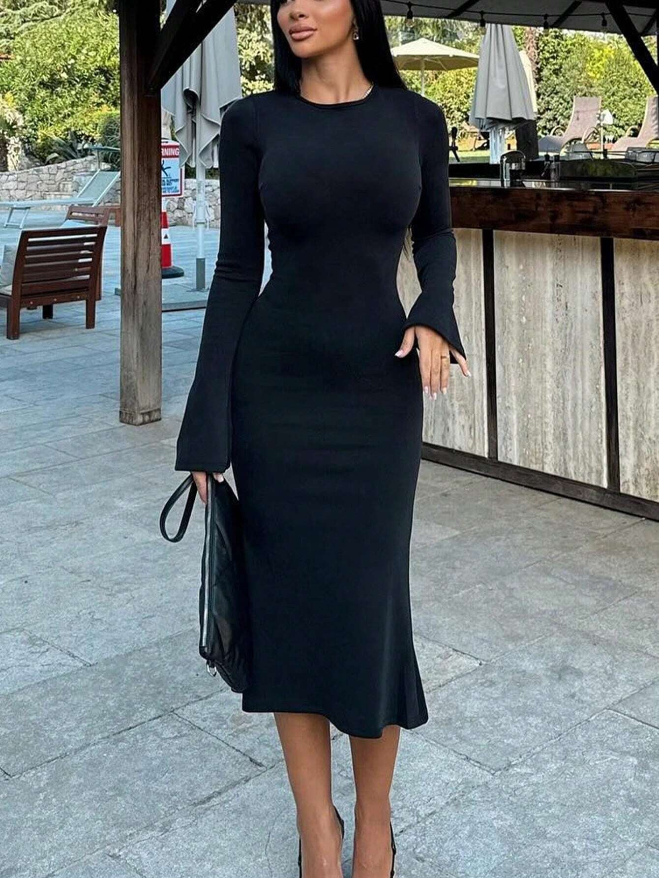 INAWLY SHEIN Ezwear Solid Scoop Neck Bodycon Dress