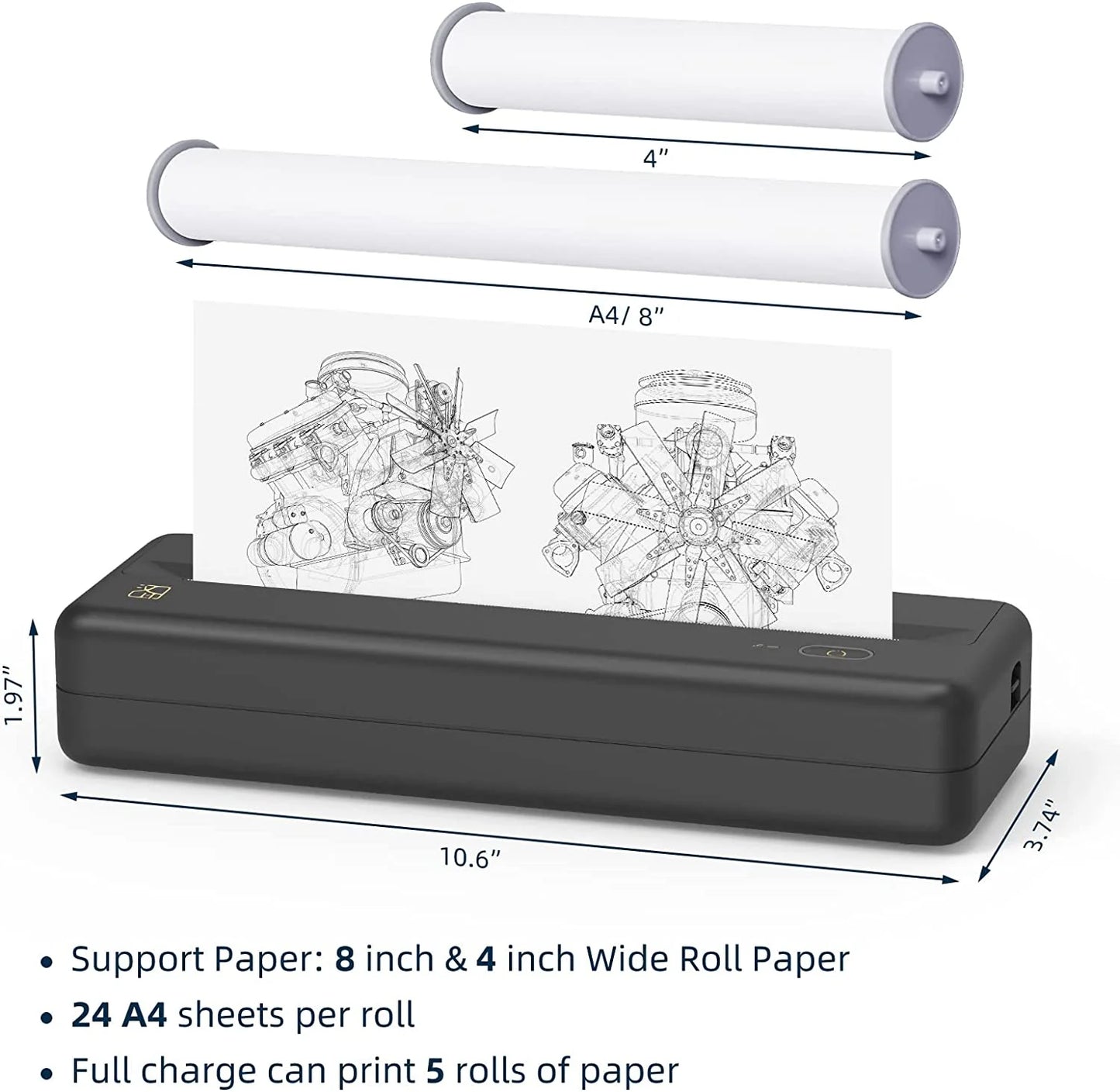 HPRT MT810 Portable Printer, A4 Wireless Bluetooth Travel Printer, Thermal Printer Support 8" & 4" Thermal Roll Paper Suitable for Home Vehicles Office Business