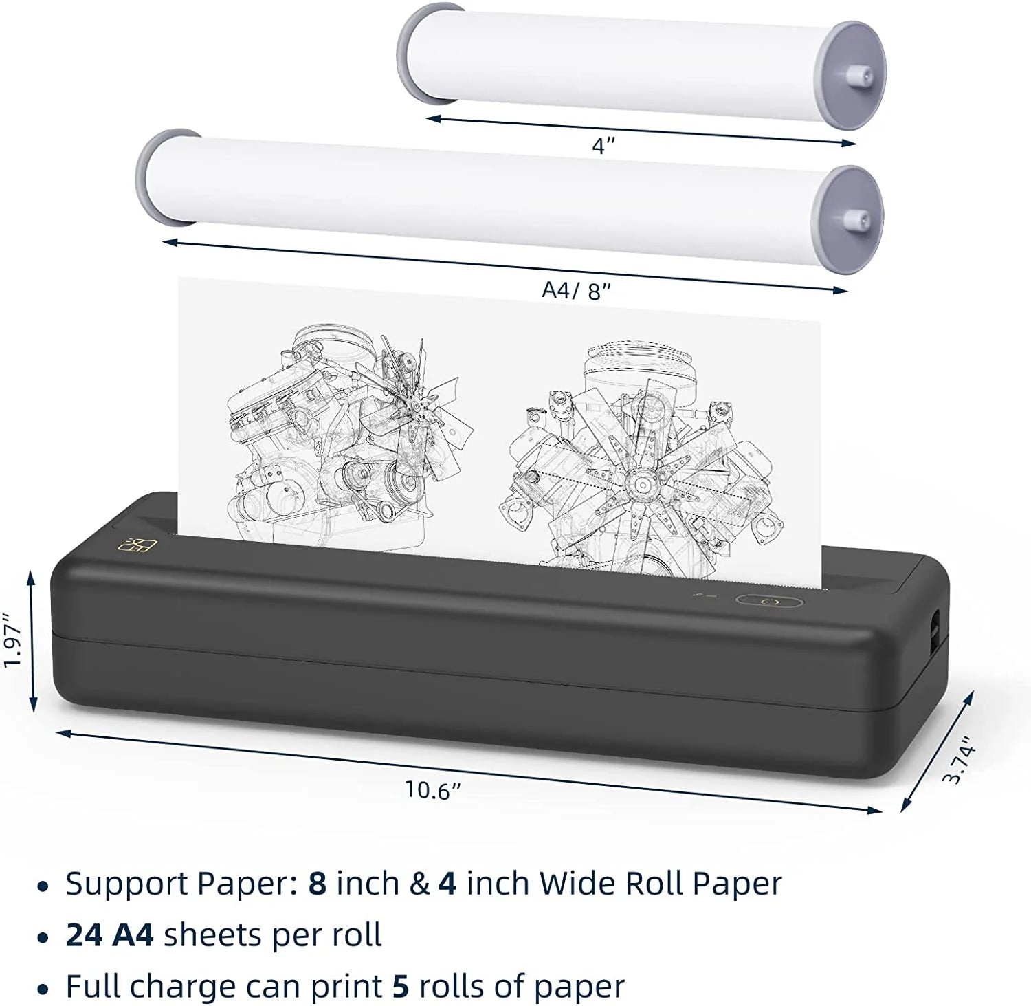 HPRT MT810 Portable Printer, A4 Wireless Bluetooth Travel Printer, Thermal Printer Support 8" & 4" Thermal Roll Paper Suitable for Home Vehicles Office Business
