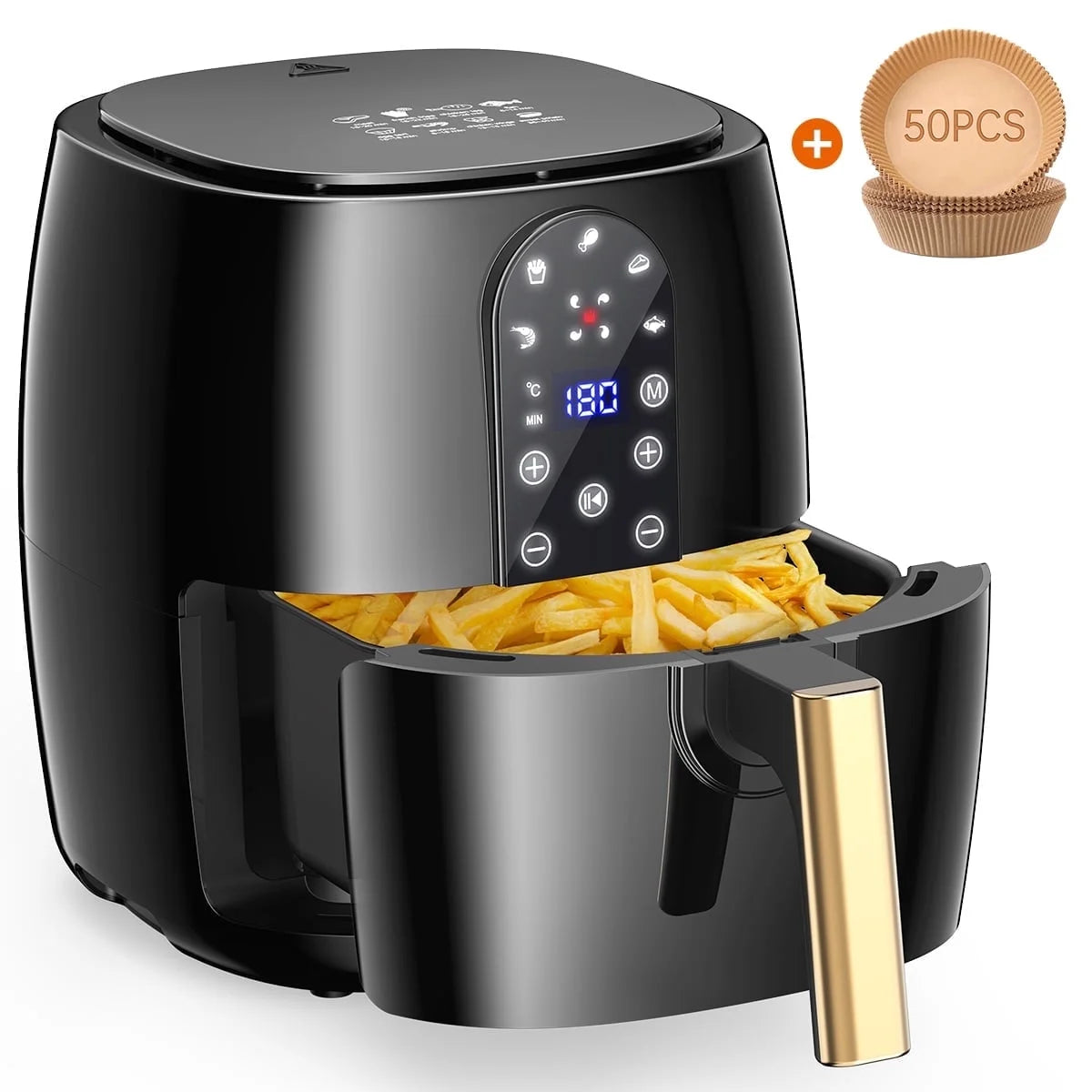 5.2QT Air Fryer Oven - Oilless 5-in-1 Hot Air Fryer with Digital Touch Screen, 5 Preset Cooking Modes, Dishwasher-Safe Basket & 50PCS Air Fryer Paper Liners