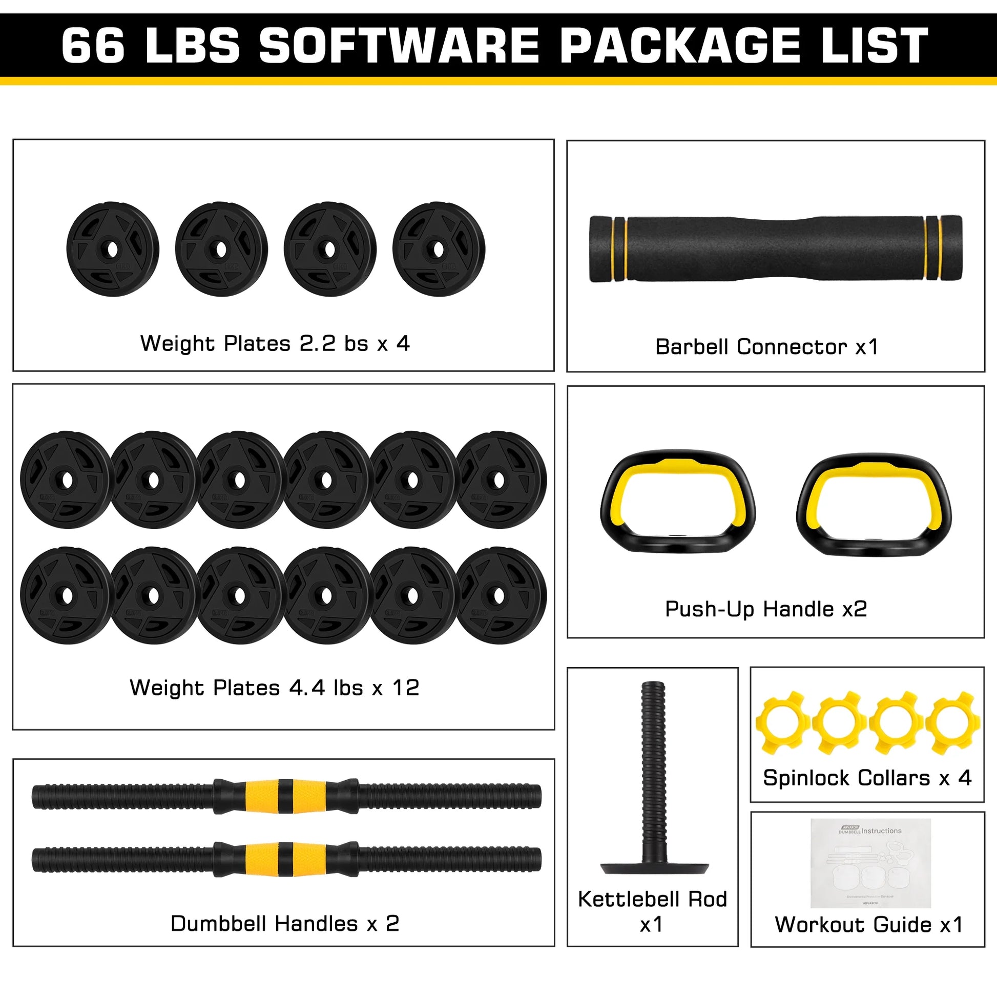 Versatile 66 Lbs Adjustable Dumbbell Barbell Set - 4-in-1 Weight System for Ultimate Home Fitness, Ideal for Men & Women, Bright Yellow Design