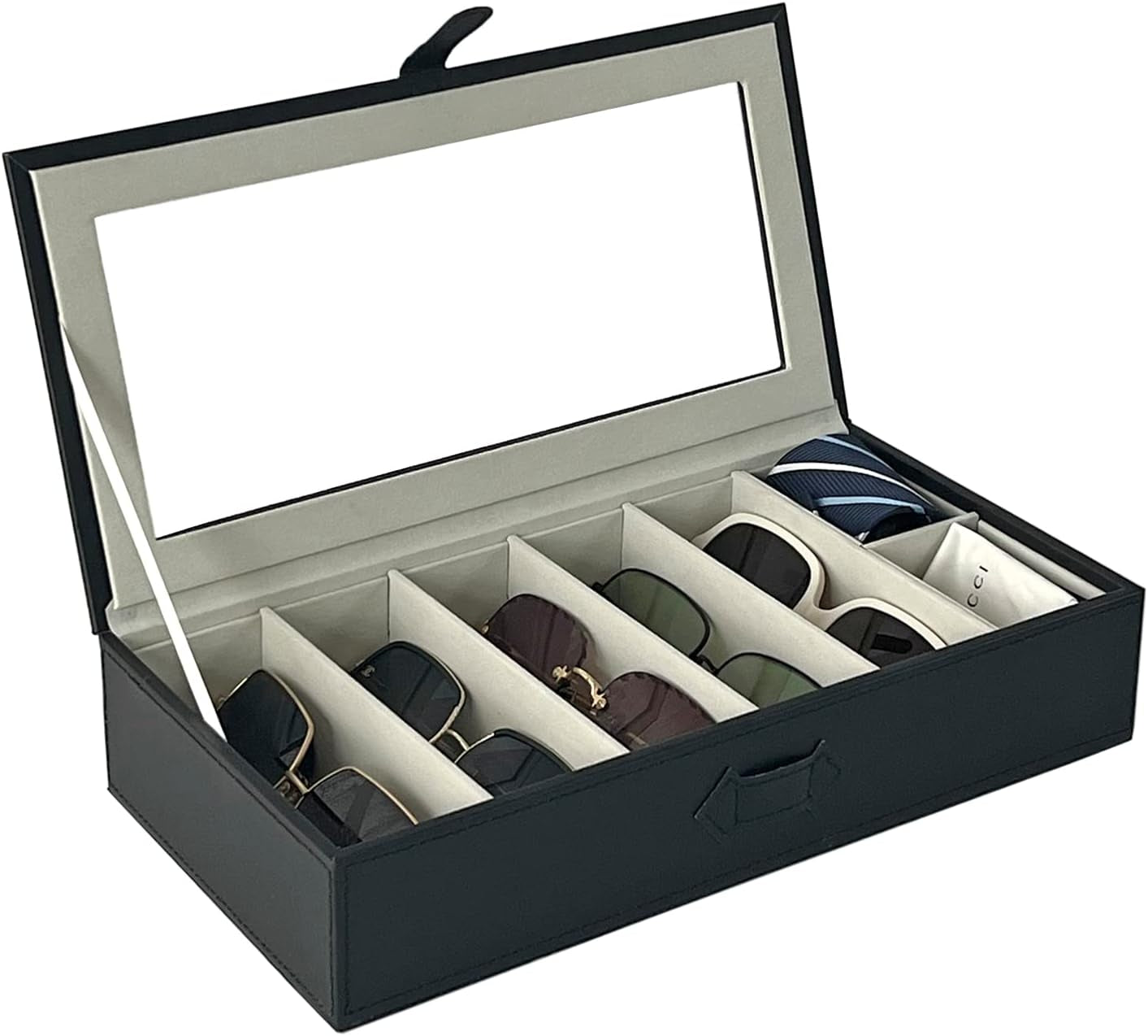 Stylish Black Sunglasses Organizer with 5 Slots for Eyewear and 2 Compartments for Accessories