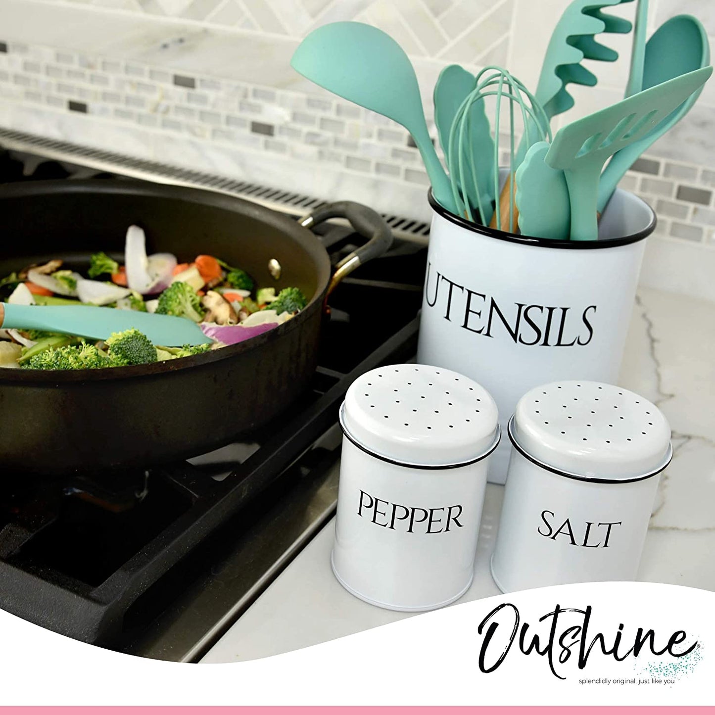 Elevate Your Kitchen Style with This Large White Utensil Holder and Matching Salt & Pepper Shakers - Perfect Farmhouse Decor and Practical Storage Solution for Gifts!