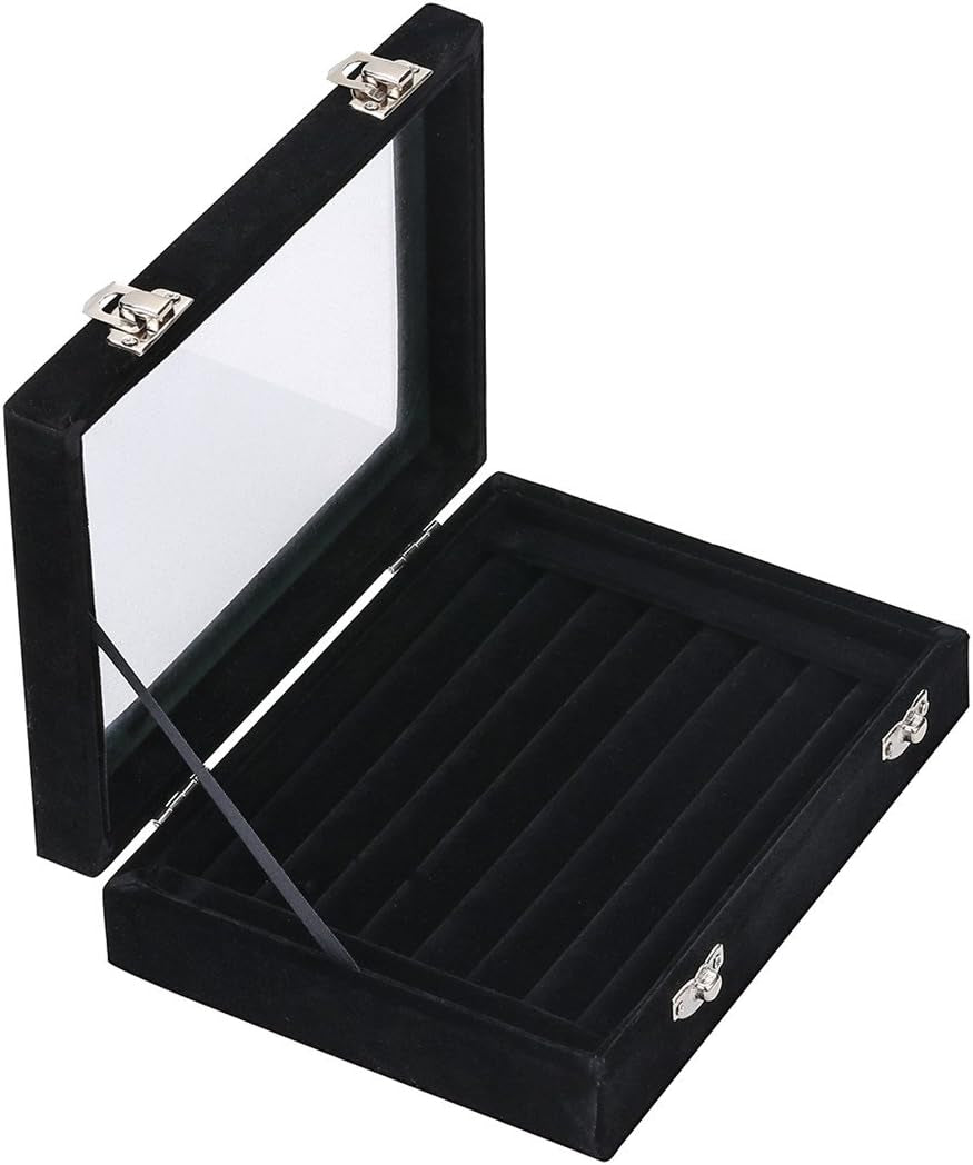 Elegant Velvet Glass Jewelry Display Case - 7 Slot Ring and Earring Holder for Women