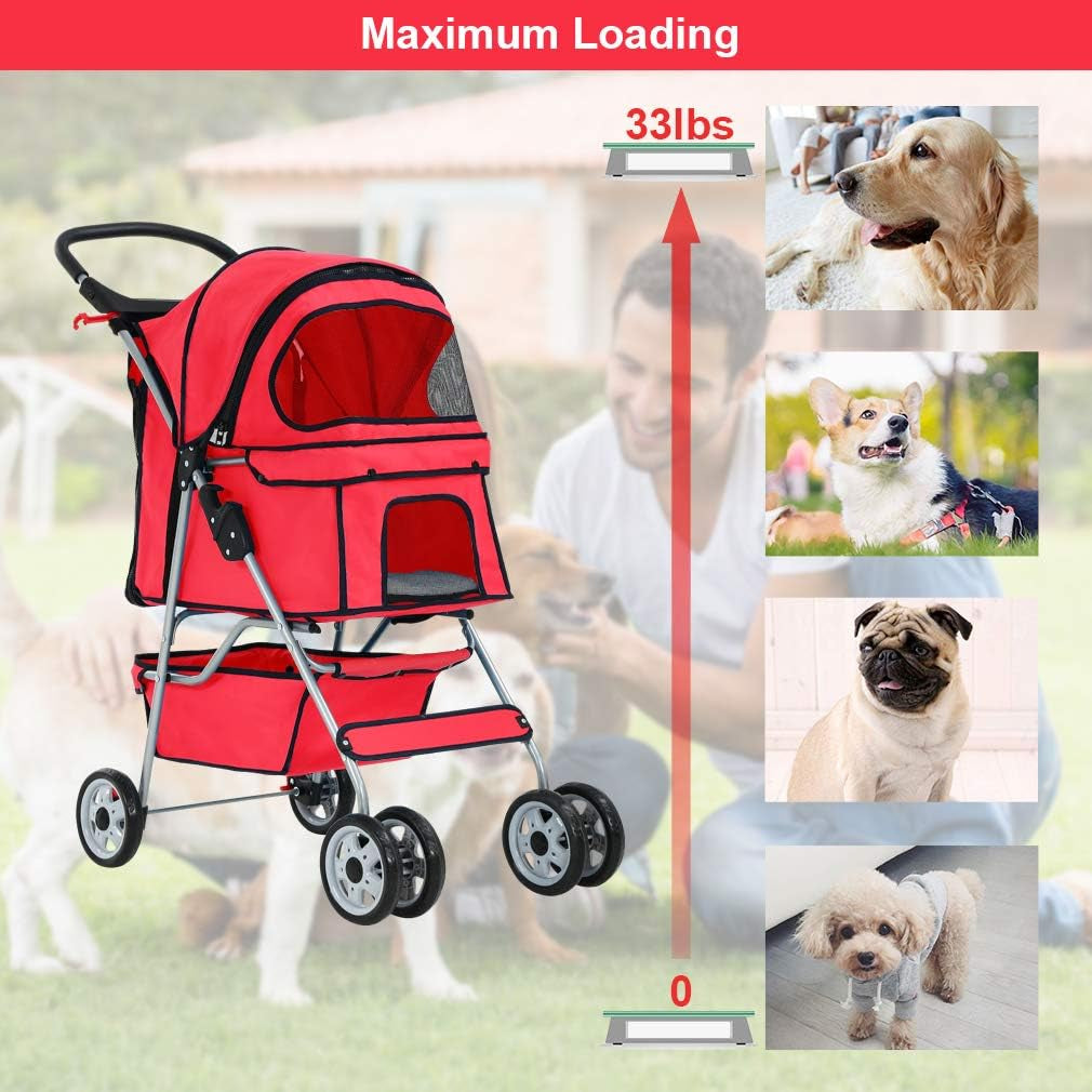 Pet Stroller Cat Dog Cage Stroller Travel Folding Carrier,Red