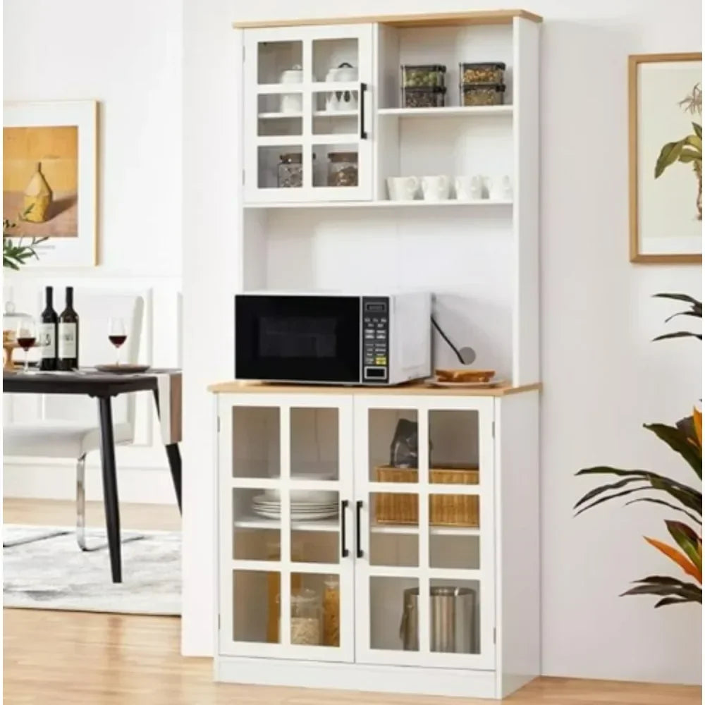 Stylish 72'' Kitchen Pantry Storage Cabinet with Hutch - Versatile Buffet Cupboard with Glass Doors and Ample Countertop Space