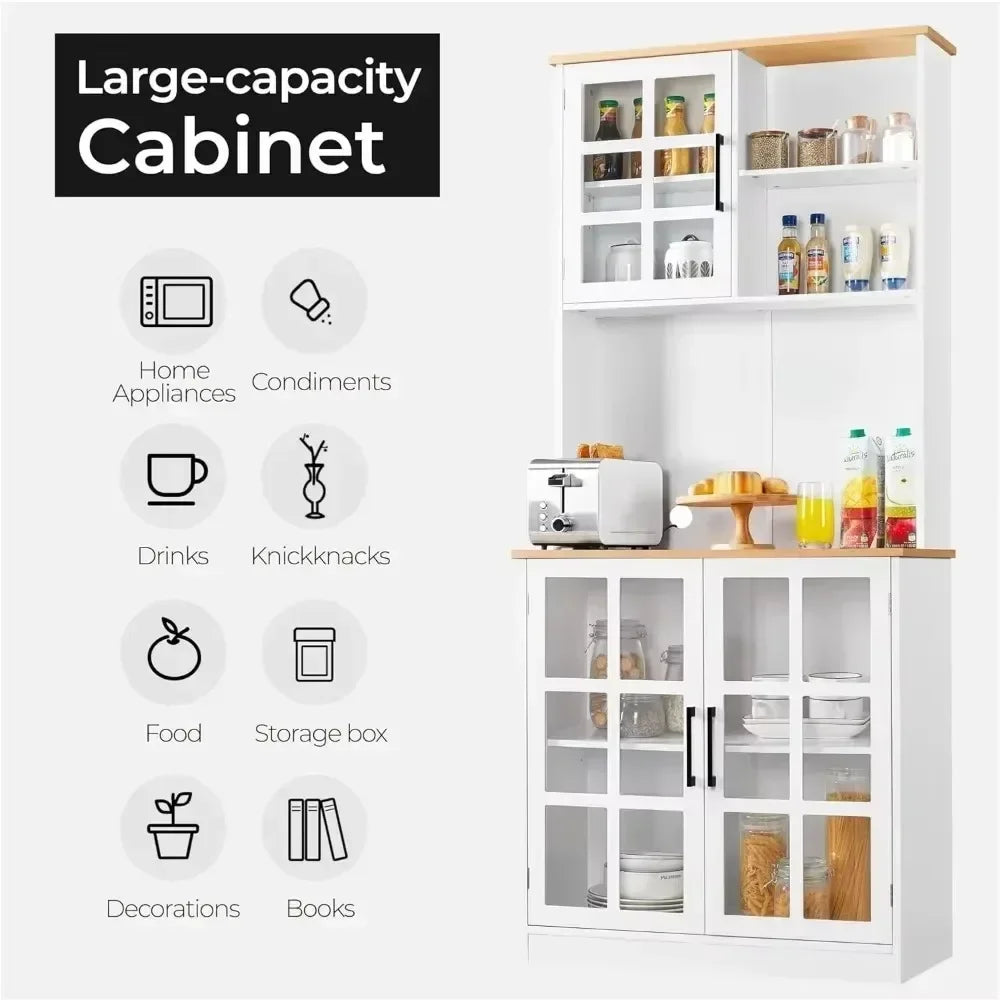 Stylish 72'' Kitchen Pantry Storage Cabinet with Hutch - Versatile Buffet Cupboard with Glass Doors and Ample Countertop Space