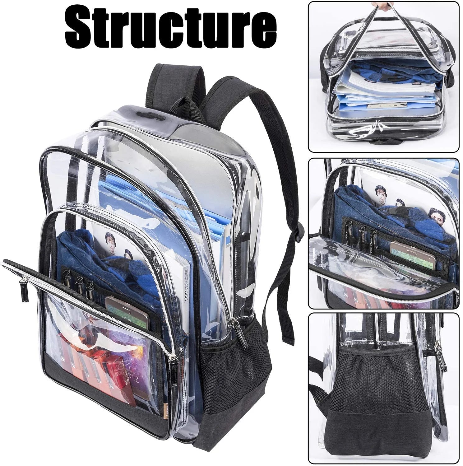 Upgraded Version - Clear Backpack See through School Bags Basic Transparent Student Bookbag TSA Approved, See Through, Black
