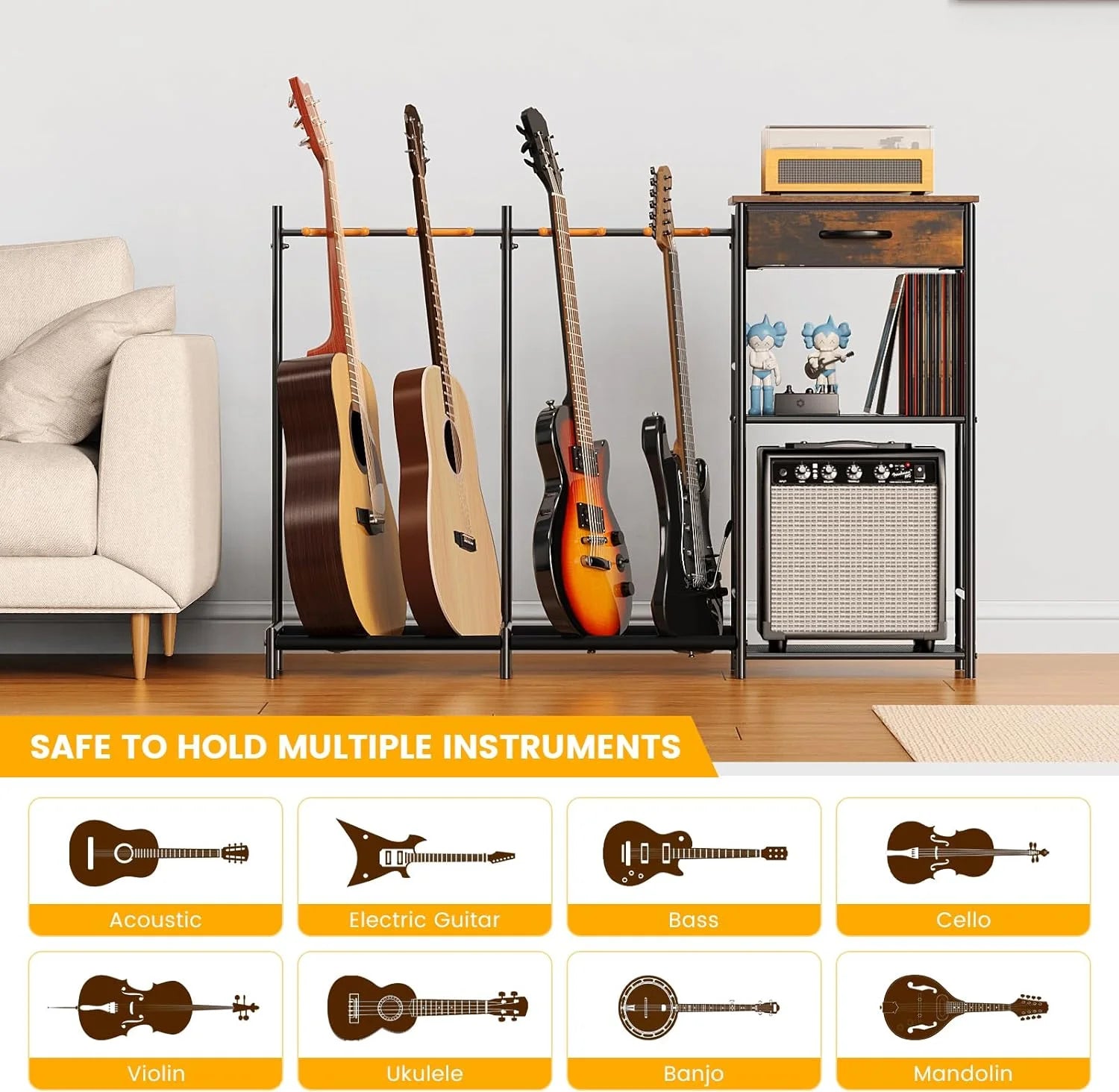 4-Tier Adjustable Guitar Stand with Amp Holder & Cloth Drawer - Perfect Display for Music Rooms & Home Studios