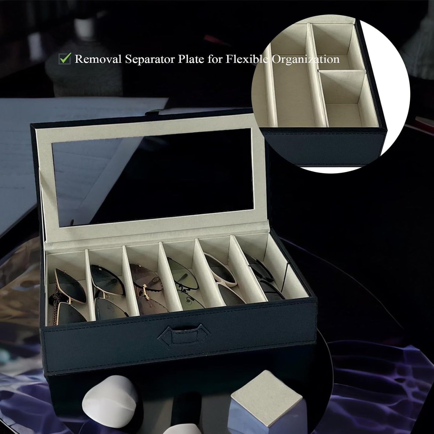 Stylish Black Sunglasses Organizer with 5 Slots for Eyewear and 2 Compartments for Accessories