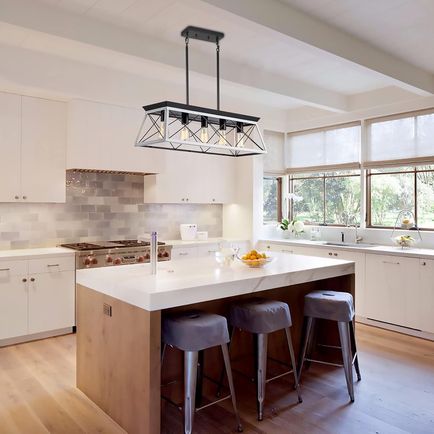 Elegant 5-Light Rustic Farmhouse Pendant Chandelier for Dining Room & Kitchen Island