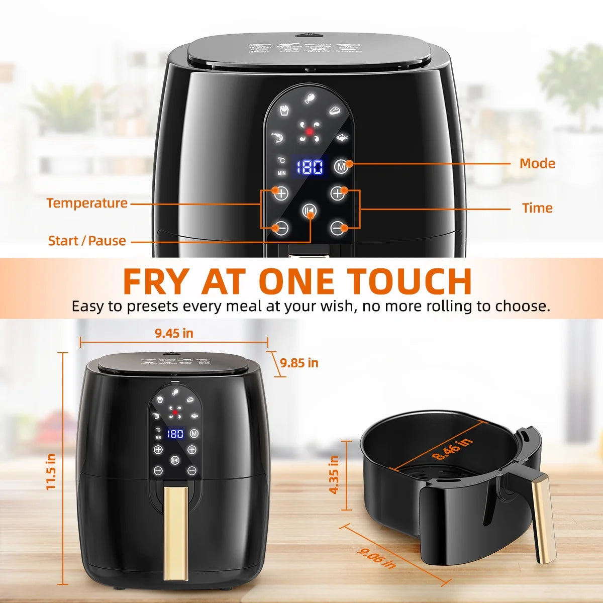 5.2QT Air Fryer Oven - Oilless 5-in-1 Hot Air Fryer with Digital Touch Screen, 5 Preset Cooking Modes, Dishwasher-Safe Basket & 50PCS Air Fryer Paper Liners
