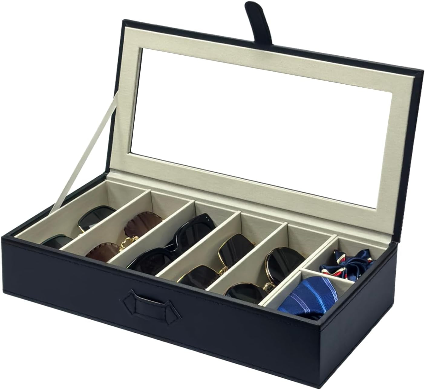 Stylish Black Sunglasses Organizer with 5 Slots for Eyewear and 2 Compartments for Accessories