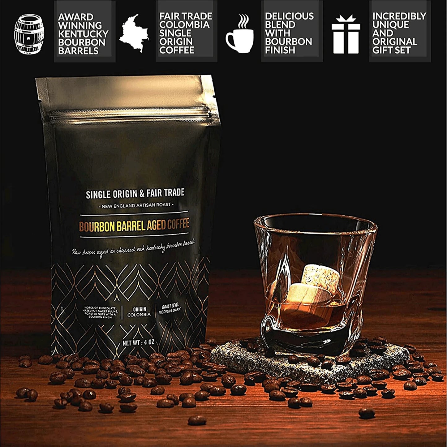 Cask & Coffee Collection Gourmet Gift Set - Whiskey Stones & Bourbon Barrel Aged Coffee