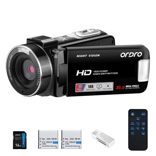 ORDRO B320 1080P 30FPS Video Camera Recorder Full HD 30MP 18X Digital Zoom Camcorder YouTube Vlogging Camera Infrared Night Vision 3.0 Inch Flip Screen 2 Batteries Remote Control (Black)