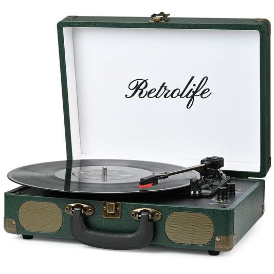 Record Player with Speakers 3-Speed Bluetooth Suitcase Portable Vinyl Record Player Belt-Driven RCA Line Out AUX in Headphone Jack Vinyl Vintage Turntable Dark Green