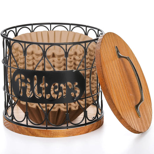 Industrial Coffee Filter Holder with Lid Rustic Large Capacity Coffee Pod Holder K Cup Holder Coffee Filter Dispenser Coffee Pod Storage Canister Organizer Basket Coffee Bar Accessories Decor