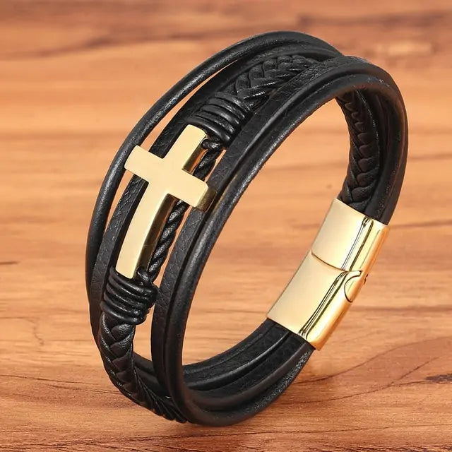 Stylish Men's Cross Bracelet - Gold