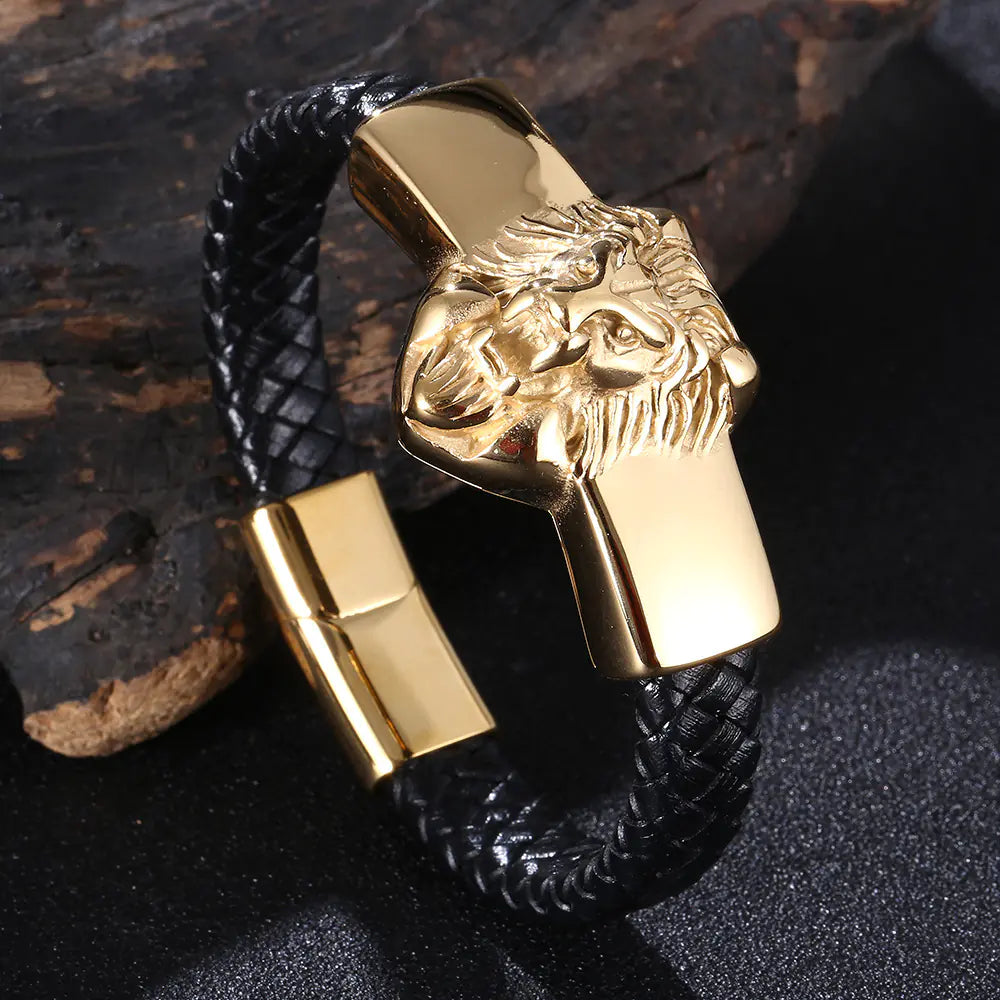 Titanium Steel Lion's Head Bracelet with Leather Rope