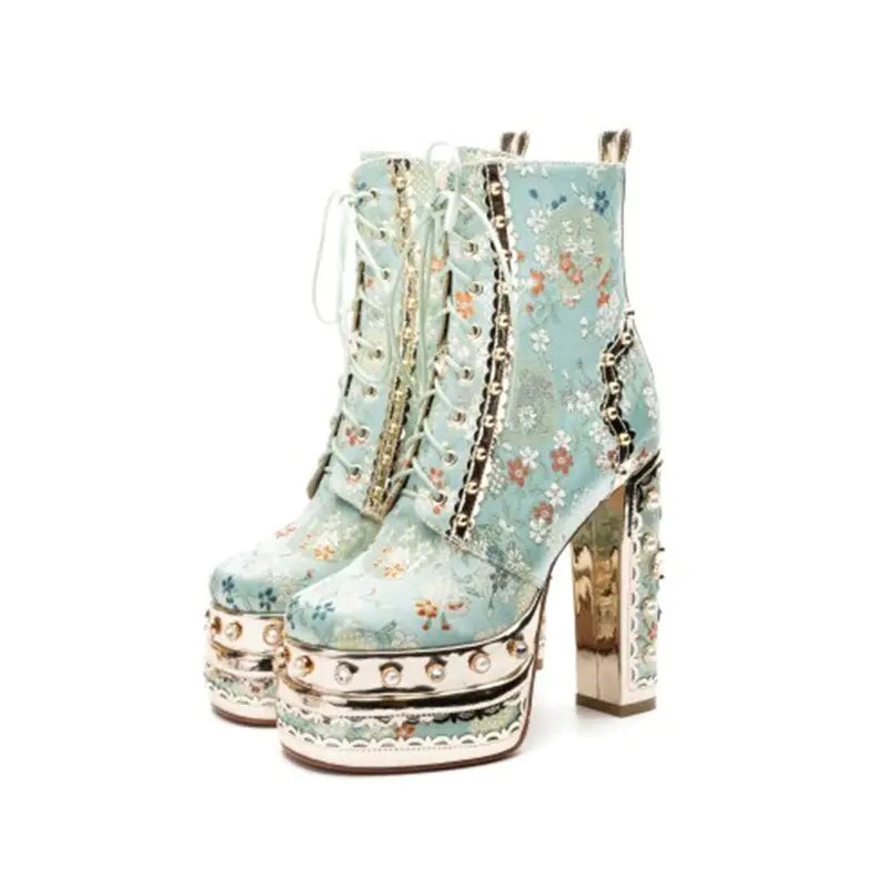 Fleur de Luxe - Platform Ankle Boots with Floral Pattern
