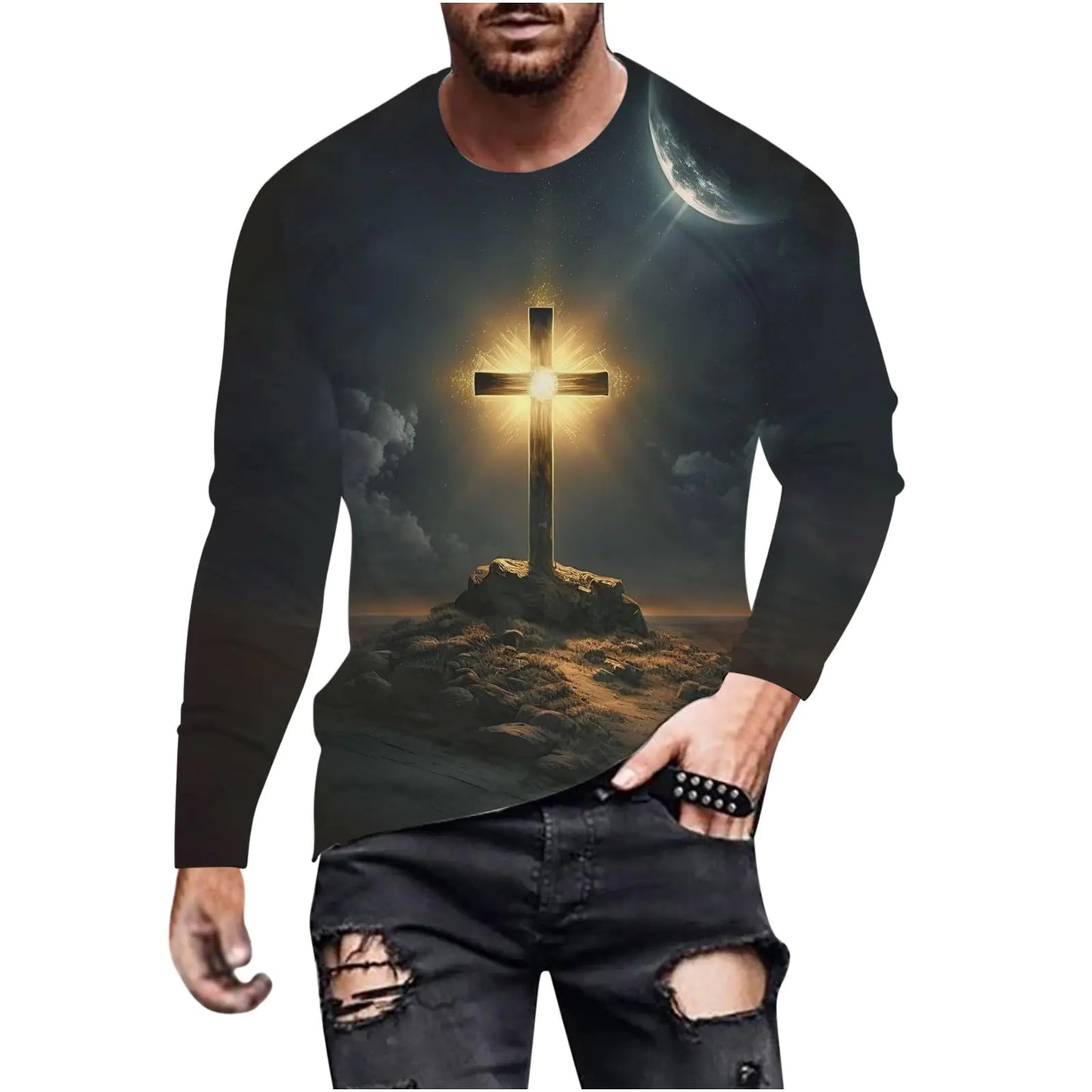 Mens 3D Street Faith Jesus Cross Print T-Shirt Soldier Long Sleeve Shirts Faith Christian Religious Bible Tee Tops