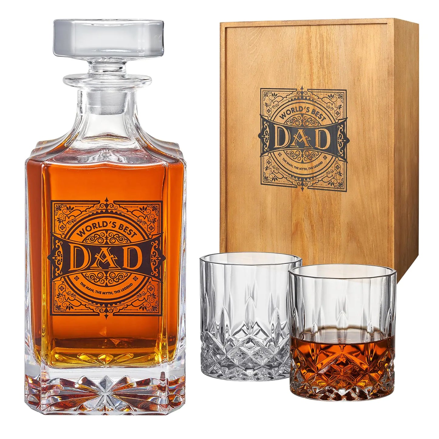 Gifts for Dad Men Unique Whiskey Decanter Set with 2 Glasses 730mL Decanter and 2 Whiskey Glass + Wood Gift Box Gifts from Daughter Son Best Granddad Birthday Winter Retirement Dads Gift