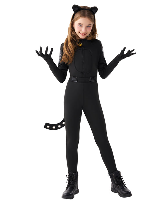 Enchanting Black Cat Costume for Girls - Complete Kids Cat Outfit Set with Tail for Halloween Fun and Cosplay Adventures
