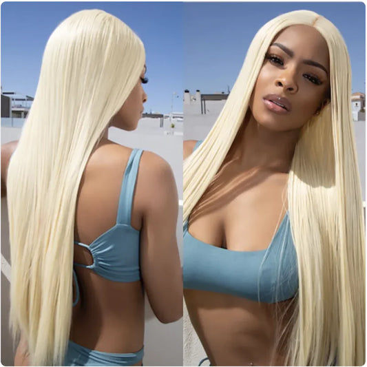 Light Golden Long Straight Synthetic Lace Wig
