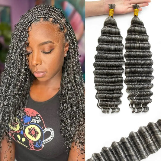 KRN Grey Braiding Hair Deep Wave Bulk Human Braiding Hair 2 Bundles/Pack 100g Curly Hair Salt And Pepper  18Inch