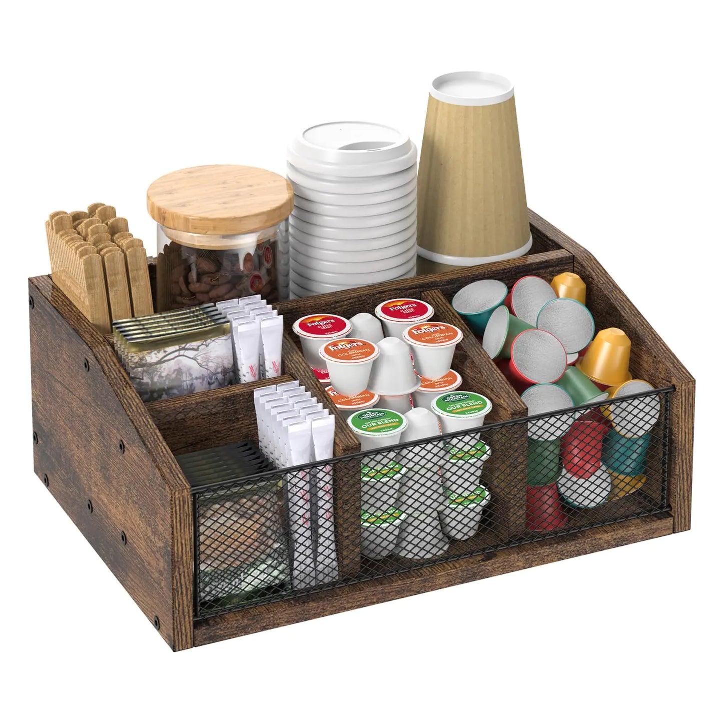 NOVIMANGO Coffee Bar Station Organizer Wooden Coffee Bar Accessories Organizer Rustic Coffee and Tea Condiment Organizer Coffee Condiment Organizer Holder Coffee Cup Holder for Counter