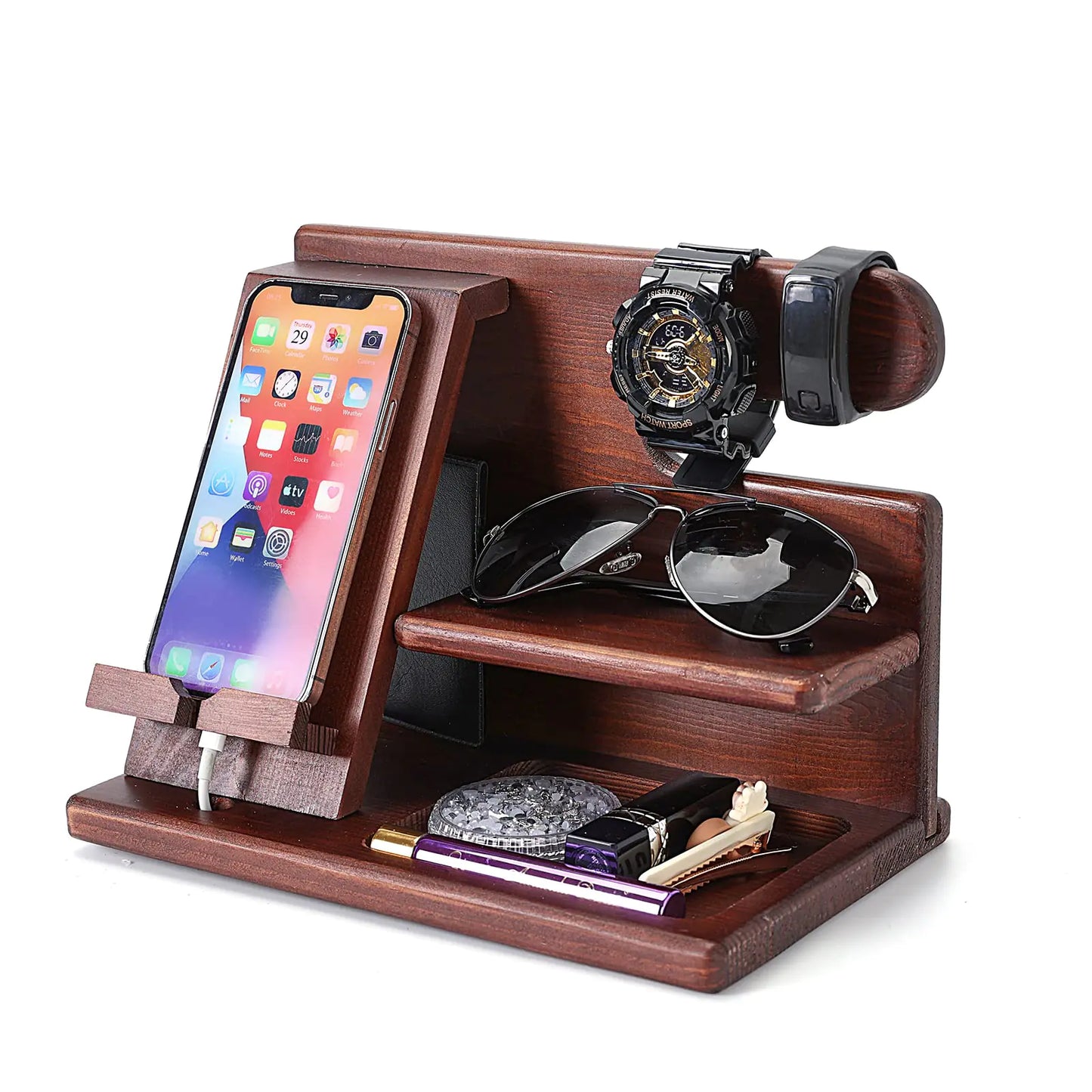 Wood Phone Docking Station Gifts for Men Ash Key Holder Wallet Stand Watch Organizer Husband Anniversary Dad Birthday Nightstand Purse Father Graduation Male Travel Idea Gadgets