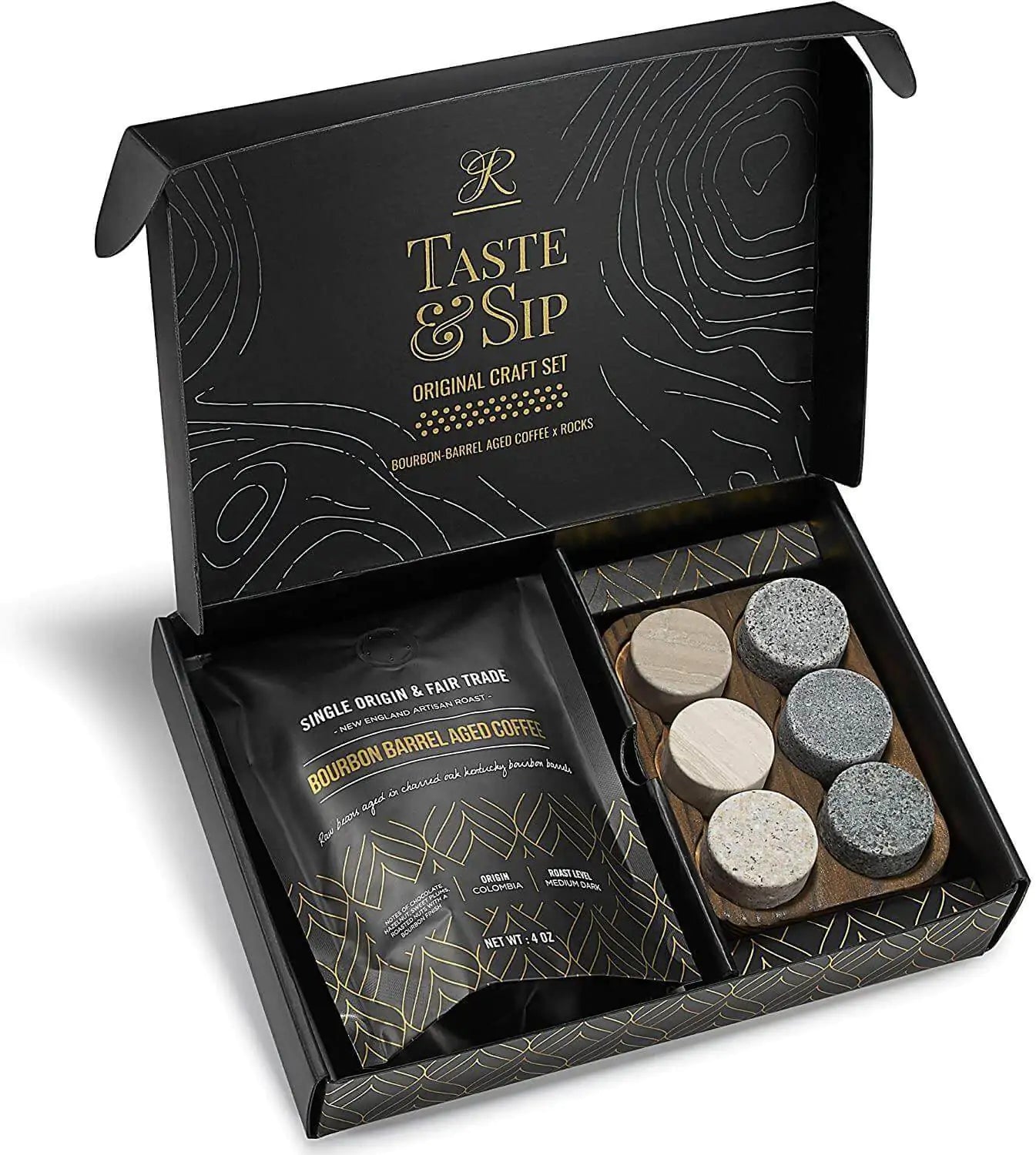 Cask & Coffee Collection Gourmet Gift Set - Whiskey Stones & Bourbon Barrel Aged Coffee