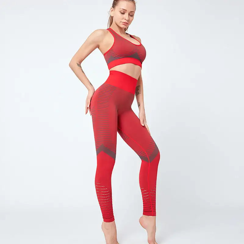 Seamless yoga set, matching top and leggings, neutral tone, stretchy fabric, workout outfit - red