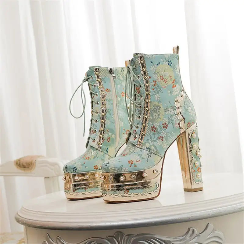 Fleur de Luxe - Platform Ankle Boots with Floral Pattern
