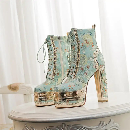 Fleur de Luxe - Platform Ankle Boots with Floral Pattern