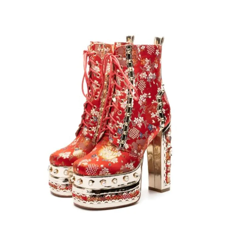 Fleur de Luxe - Platform Ankle Boots with Floral Pattern