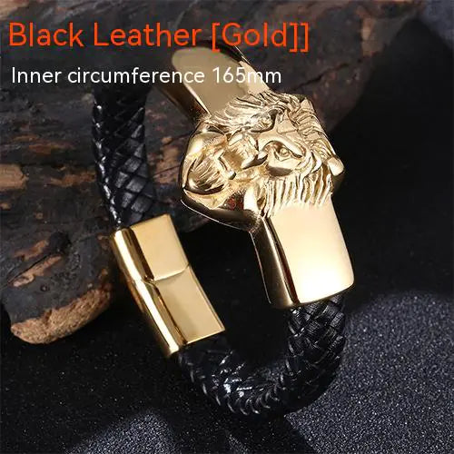 Titanium Steel Lion's Head Bracelet with Leather Rope