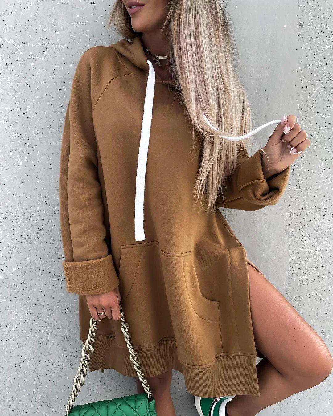 Oversized Hoodie Side Slit - Brown