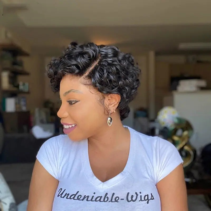 Short Curly Wig with Side Part in Chemical Fiber