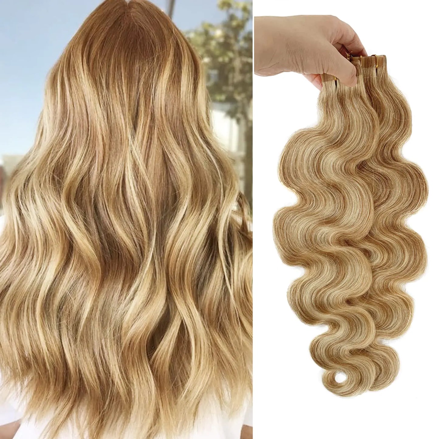 Blonde Body Wave Tape Balayage Hair Extensions 100% Remy Human Hair 60grams/20pcs Strawberry Blonde to Bleach Blonde Fine 22inches