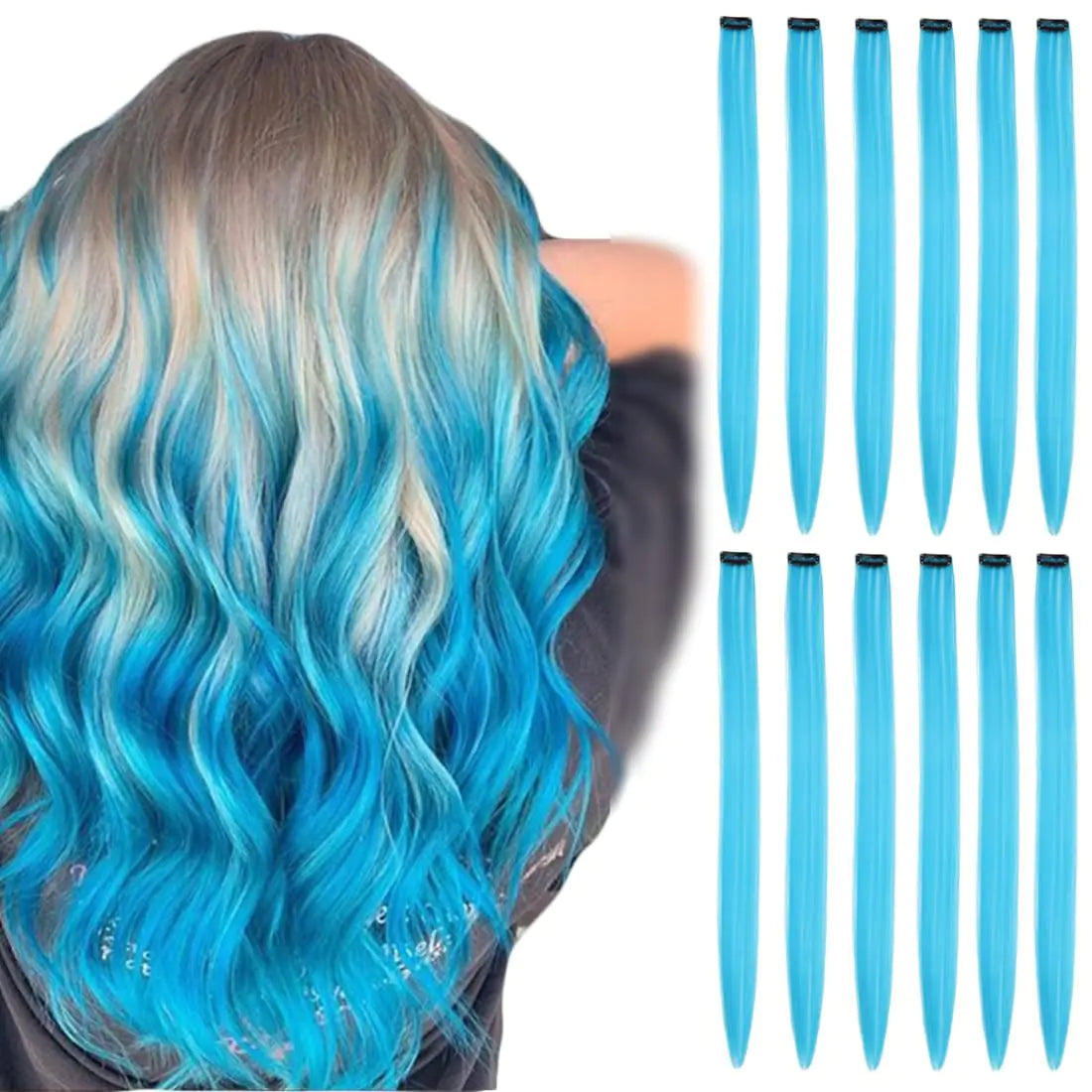 12 Pcs Teal Blue Hair Extensions Clip in for Kids Girls 22 Inch Long Streak Straight Ins Heat Resistant Colored Synthetic Using for Halloween Costume Party Play Highlights