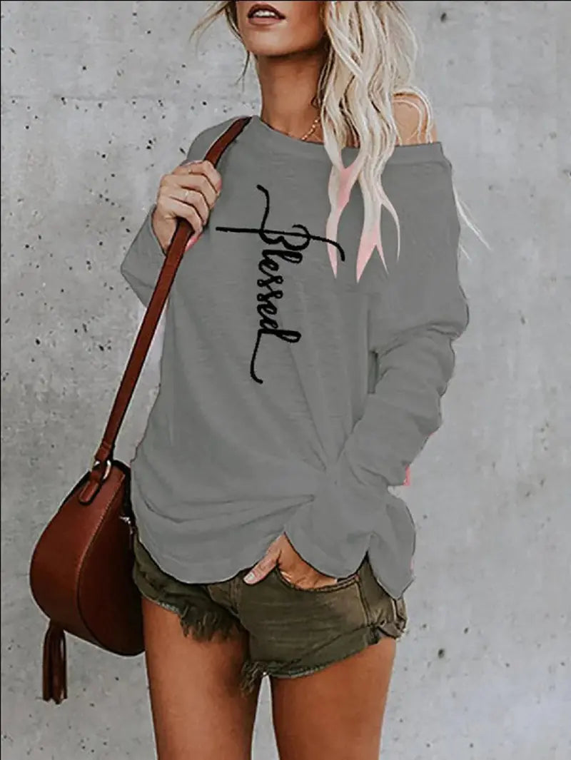 Printed Loose Off-the-Shoulder Round Neck T-shirt