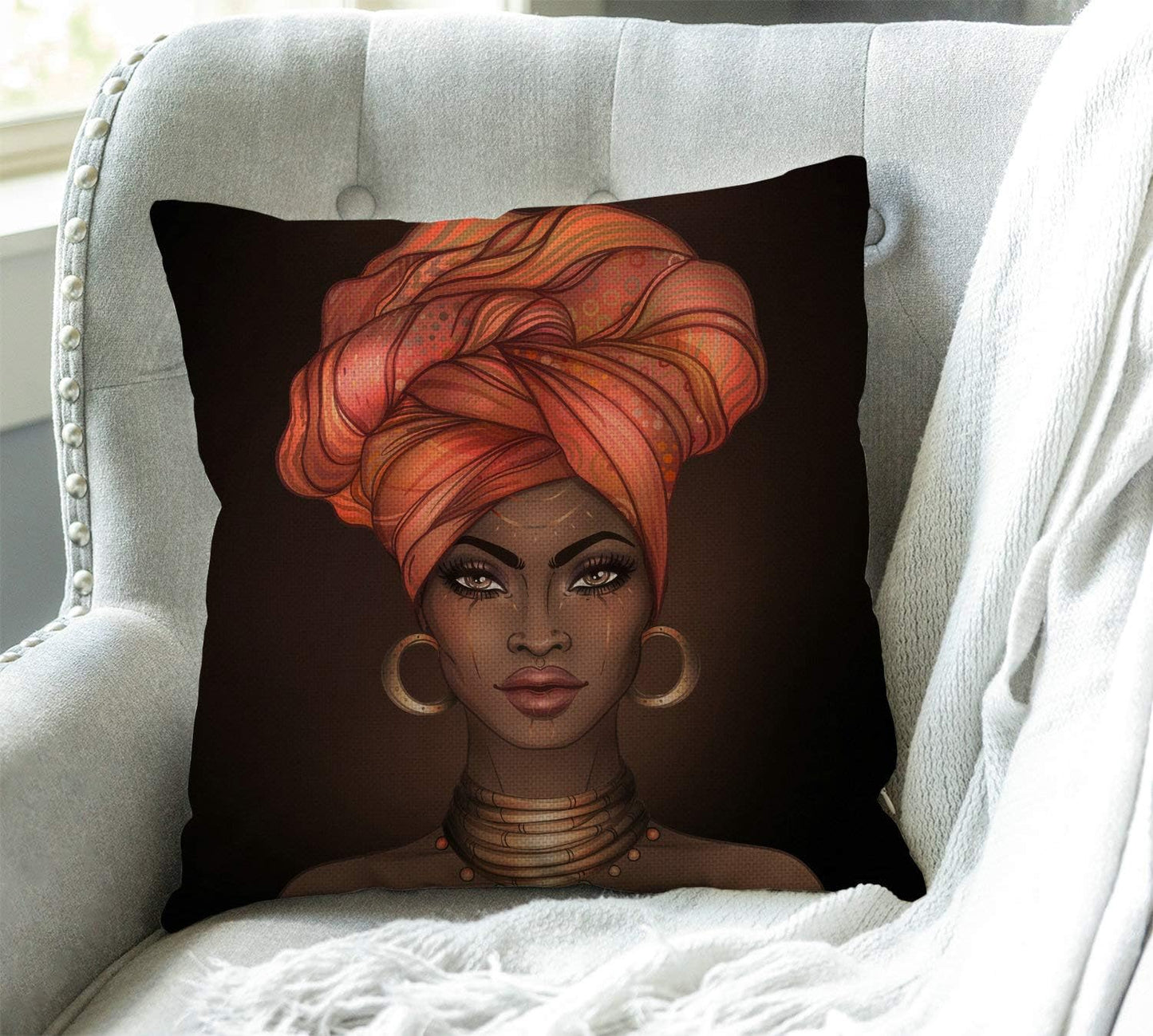 Chic African American Woman Throw Pillow Cover - 18" x 18" Cotton Linen Cushion for Stylish Home Decor
