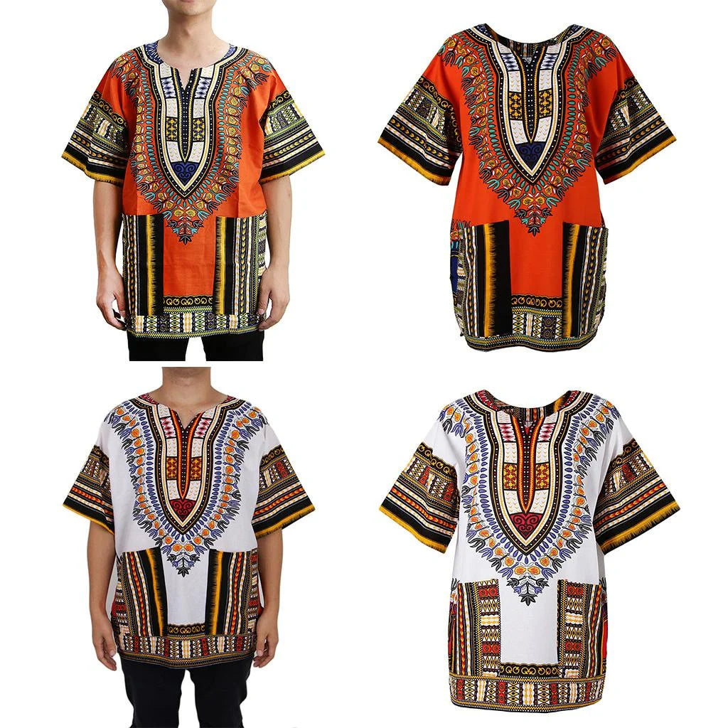 2 Pcs Mens Short Sleeve Dashiki Colorful African Festival Tribal Dress Shirt