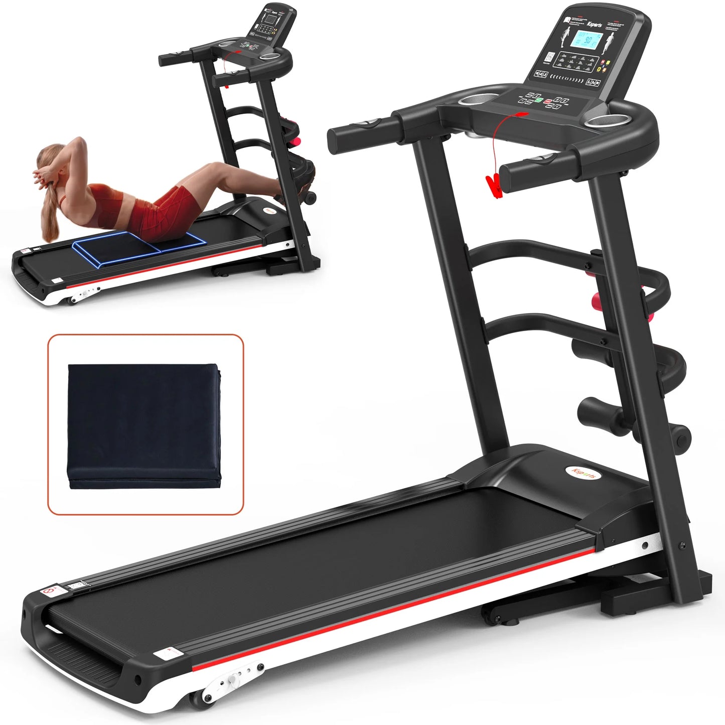 Elevate Your Home Workout: Electric Treadmill Bundle with Folding Rack, Exercise Mat, and Dumbbells in Sleek Black